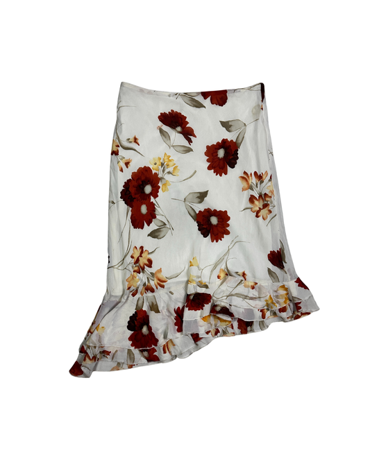 Floral Midi Skirt with Asymmetric Ruffle Hem - Small/ Medium