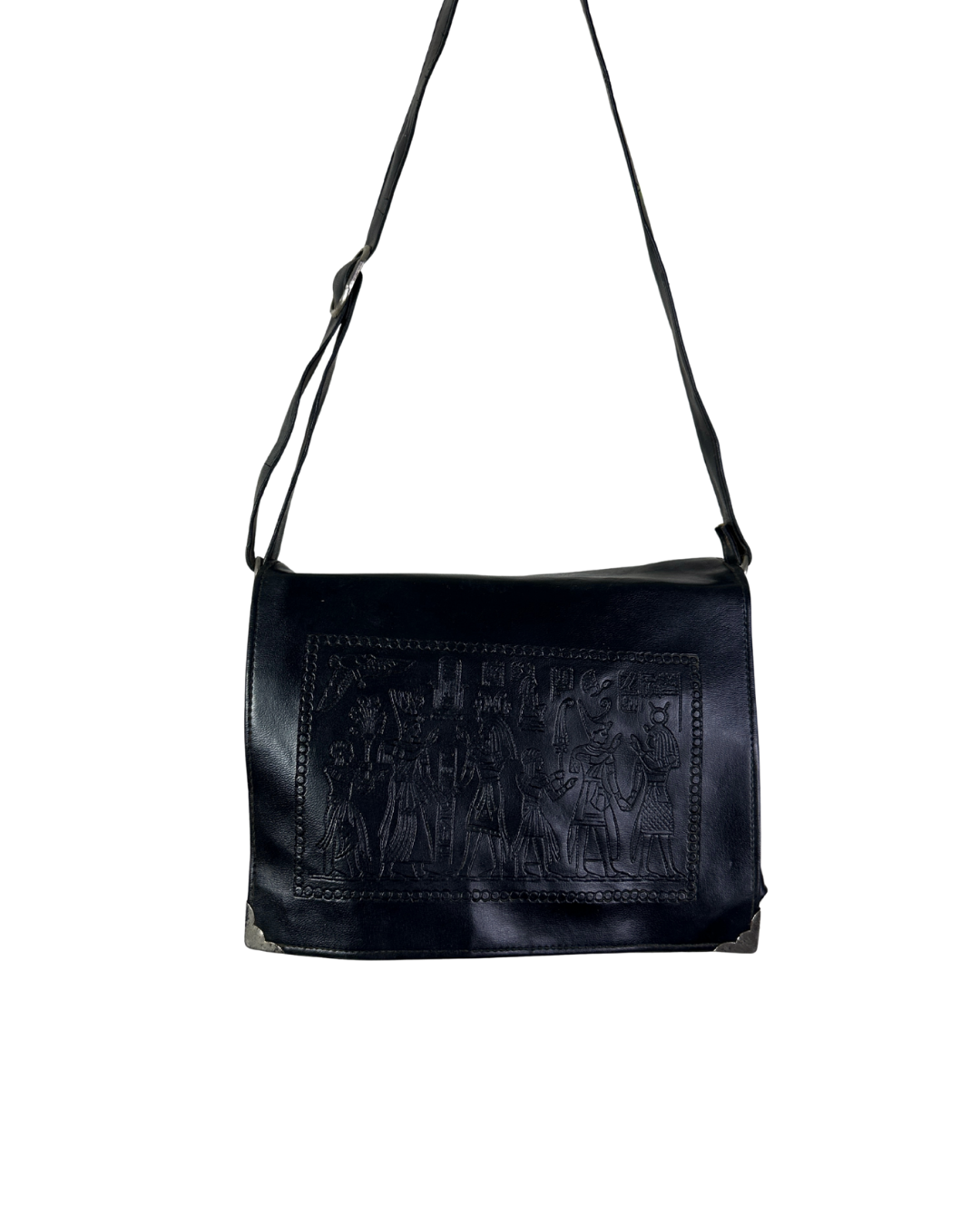Black leather bag with embossed design on a white background