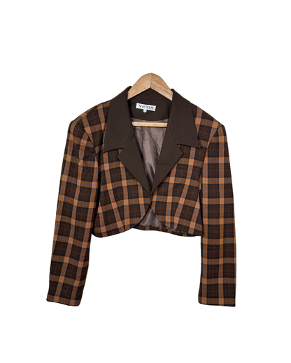 Brown Plaid Cropped Women's Open Front Blazer