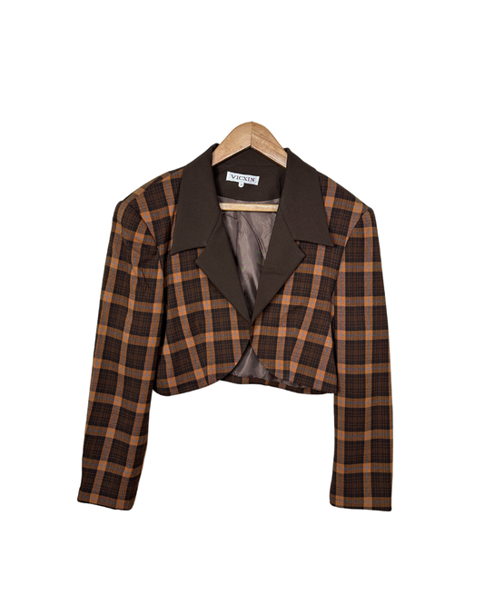 Brown Plaid Cropped Women's Open Front Blazer