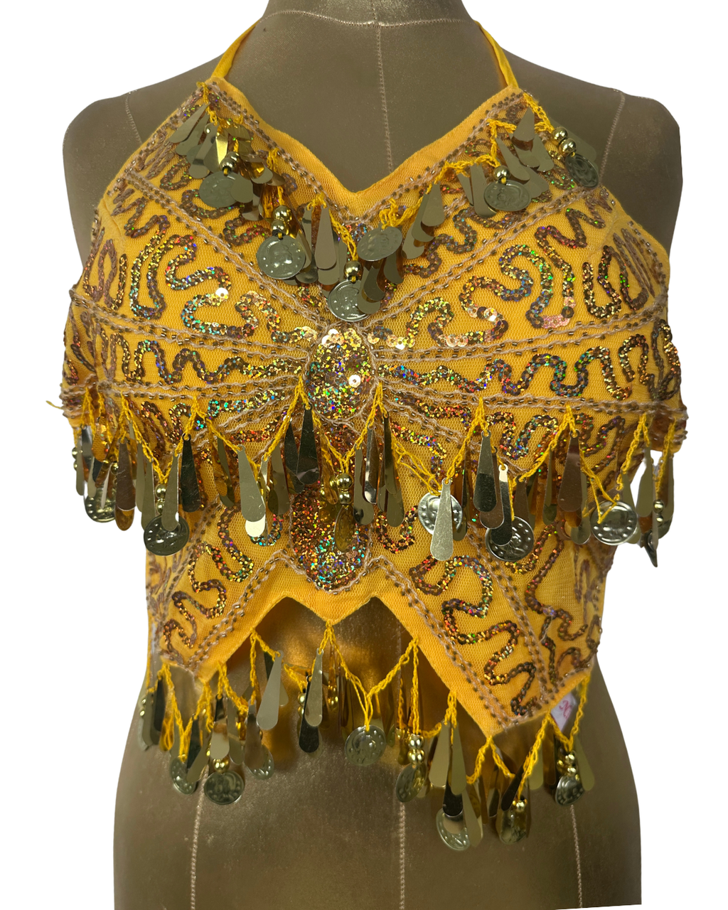 Yellow Sequin and Coin Fringe Festival Halter Top