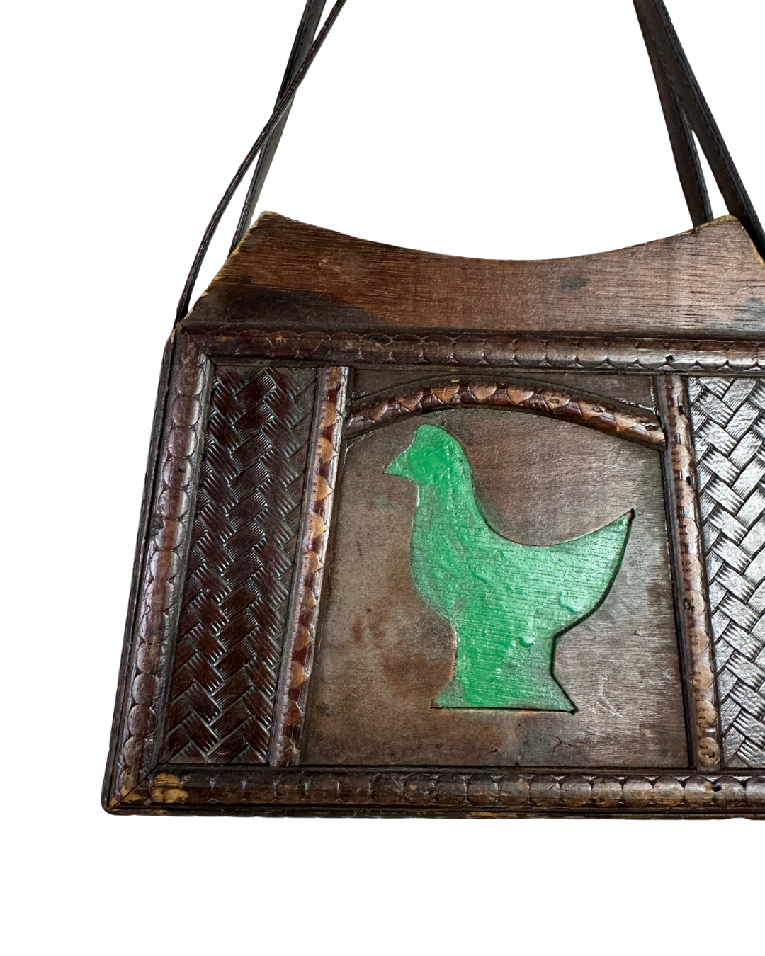 Vintage 70s Handcrafted Wooden Folk Art Shoulder Bag