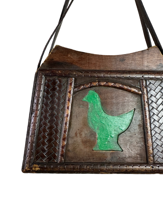 Vintage 70s Handcrafted Wooden Folk Art Shoulder Bag