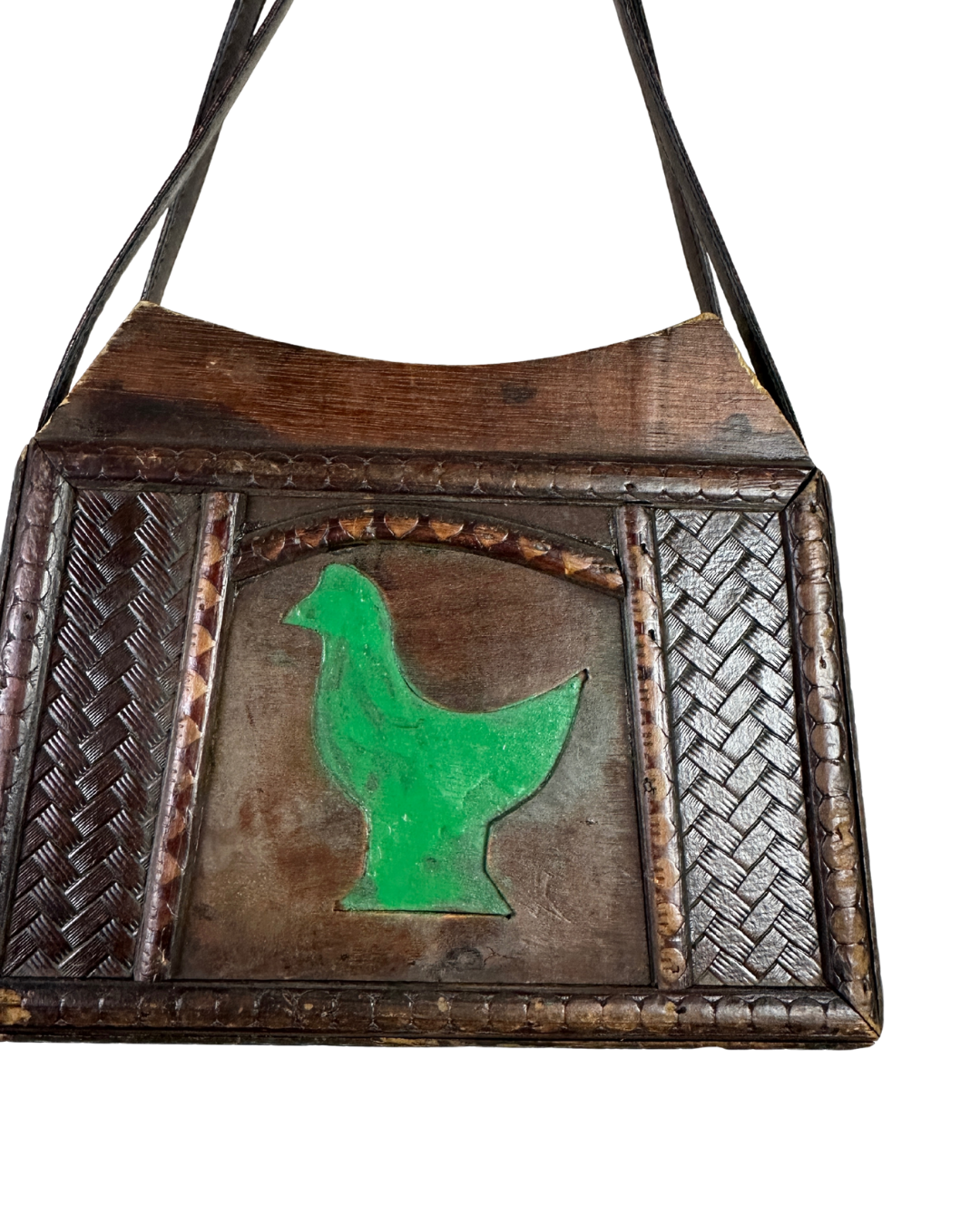 Vintage 70s Handcrafted Wooden Folk Art Shoulder Bag