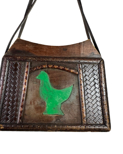 Vintage 70s Handcrafted Wooden Folk Art Shoulder Bag