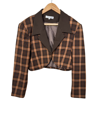Brown Plaid Cropped Women's Open Front Blazer