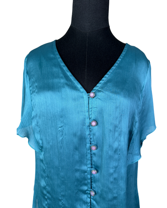 Le Mirage Teal Satin Button Up Blouse