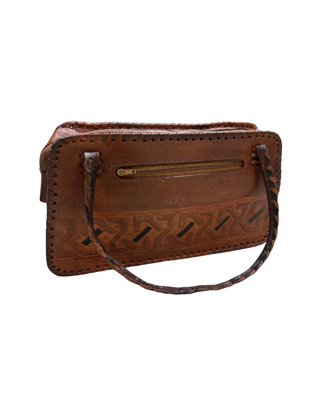 Vintage 70s Whipstitch Embossed Brown Genuine Leather Handbag