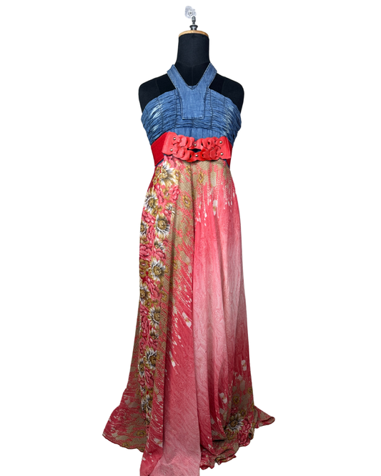 00s Y2K Halter Maxi Dress with Denim Bodice & Red Leather Belt Detail