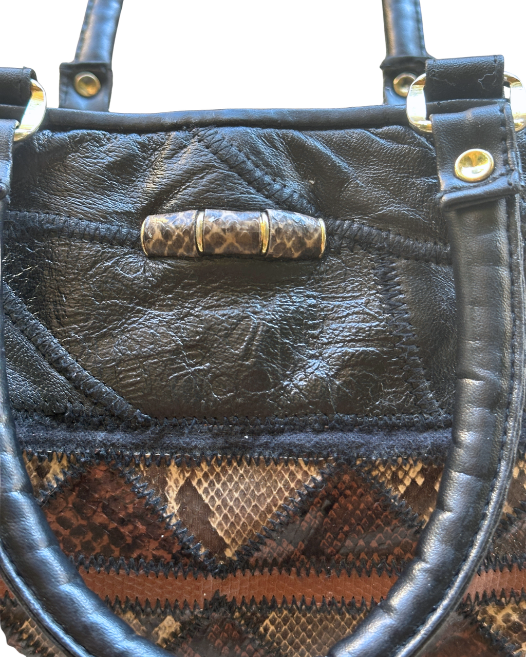 Genuine Leather Stitch Detail Mixed Pattern Handbag