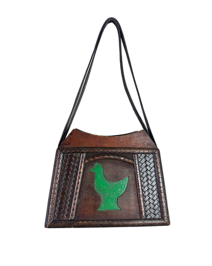 Vintage 70s Handcrafted Wooden Folk Art Shoulder Bag