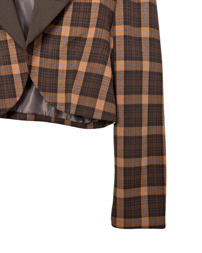 Brown Plaid Cropped Women's Open Front Blazer