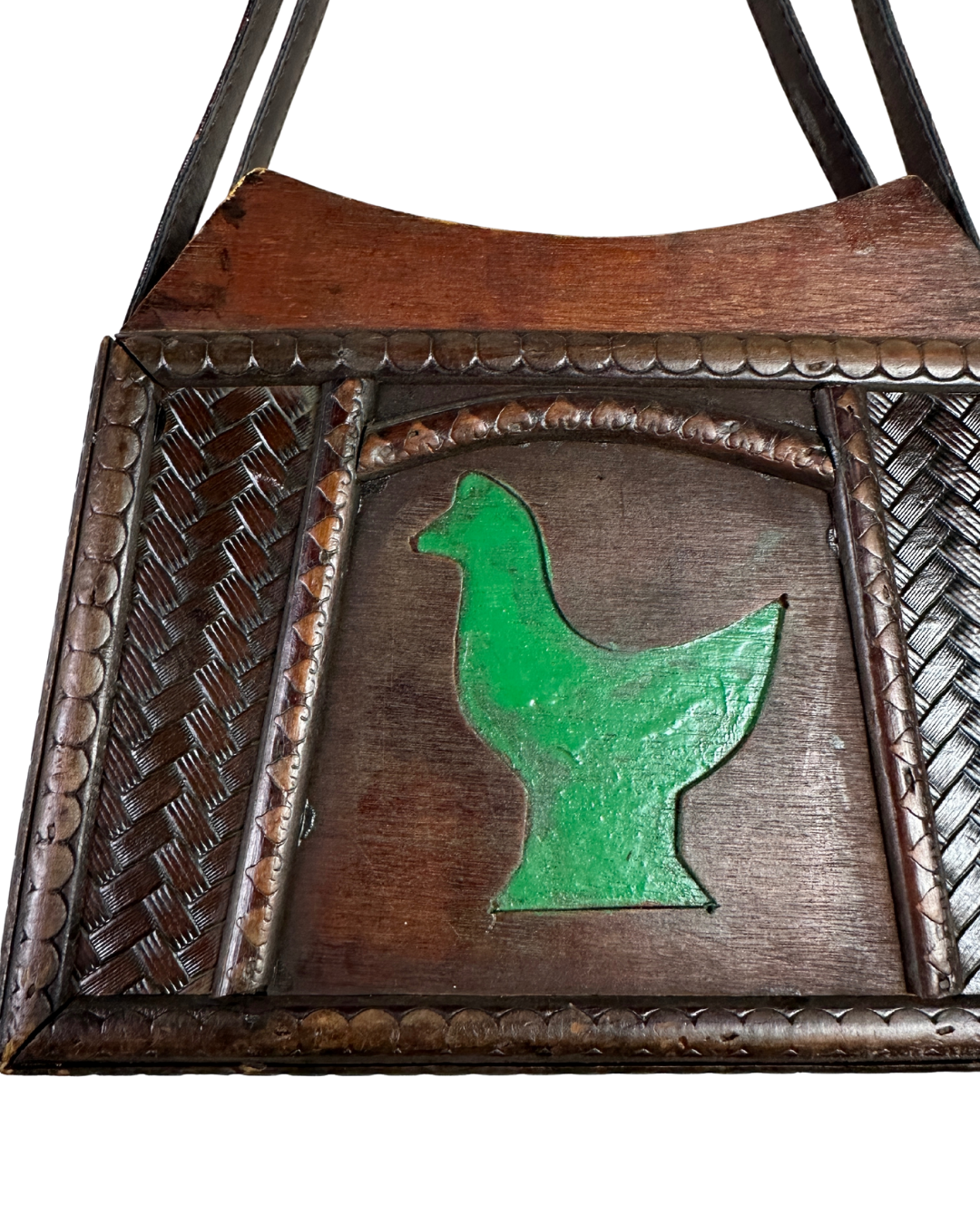 Vintage 70s Handcrafted Wooden Folk Art Shoulder Bag