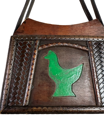 Vintage 70s Handcrafted Wooden Folk Art Shoulder Bag