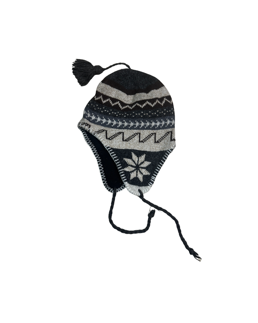 Black and Grey Geometric Nordic Earflap Beanie