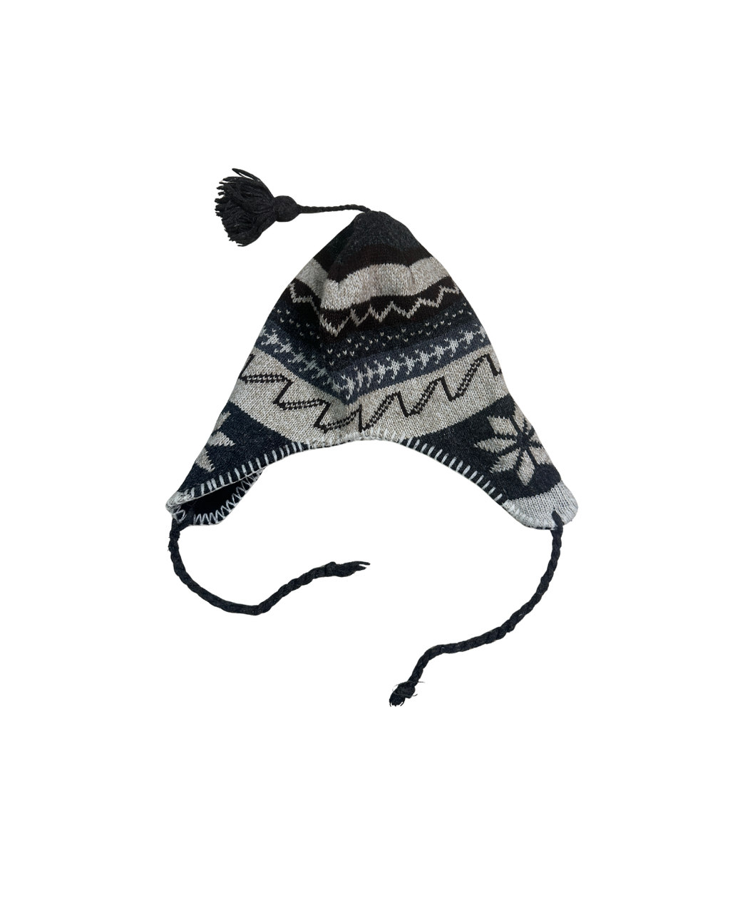 Black and Grey Geometric Nordic Earflap Beanie