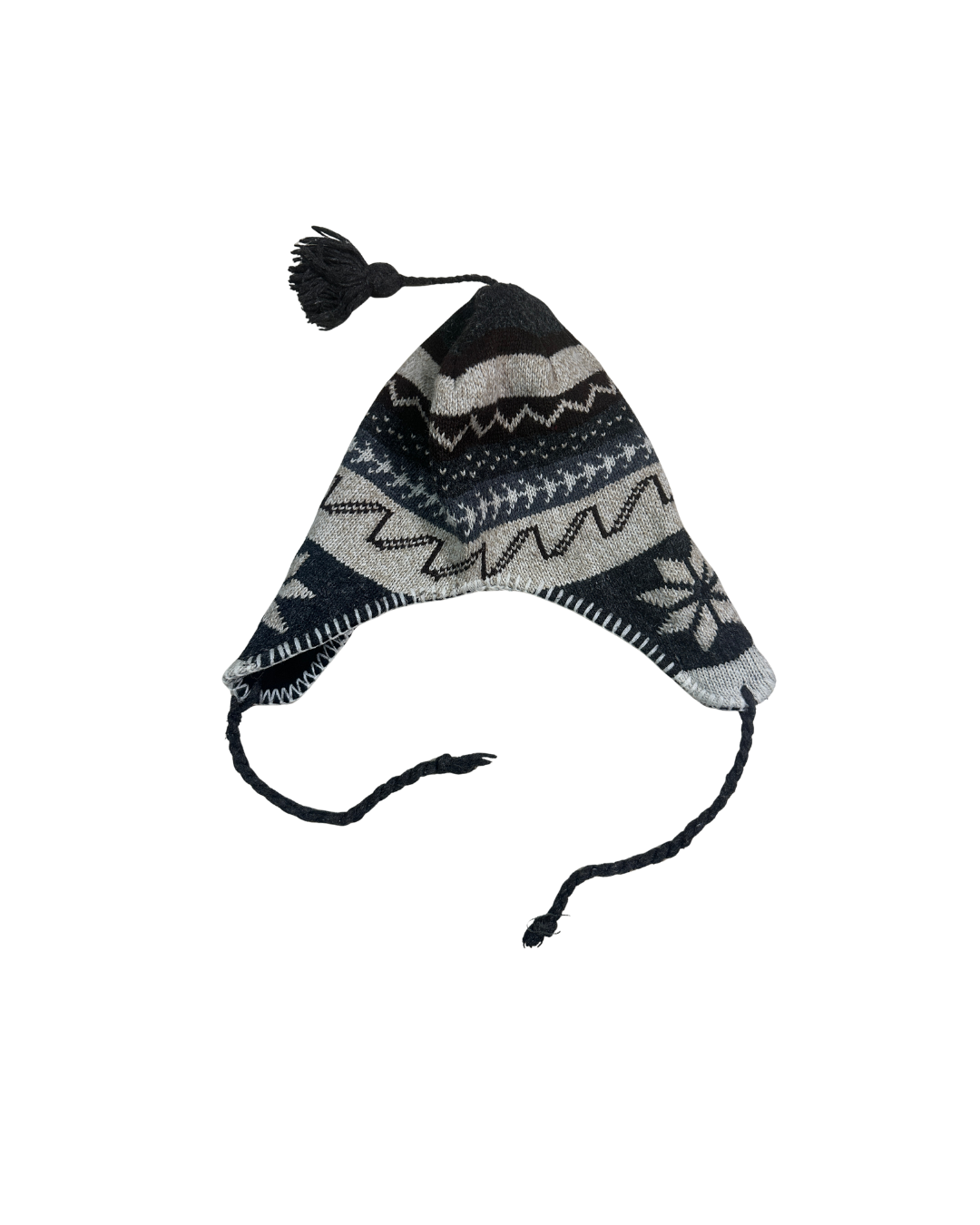 Black and Grey Geometric Nordic Earflap Beanie