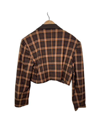 Brown Plaid Cropped Women's Open Front Blazer