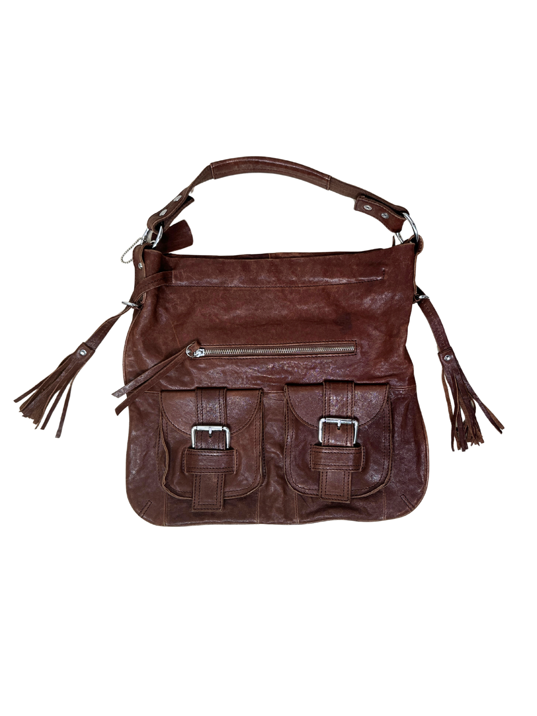 Vintage Genuine Leather Shoulder Bag with Front Buckle Pockets and Side Tassels