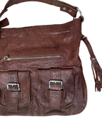 Vintage Genuine Leather Shoulder Bag with Front Buckle Pockets and Side Tassels