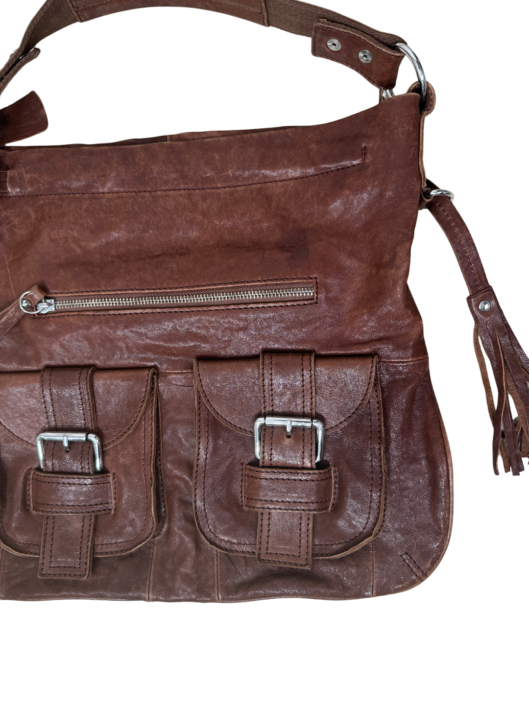 Vintage Genuine Leather Shoulder Bag with Front Buckle Pockets and Side Tassels