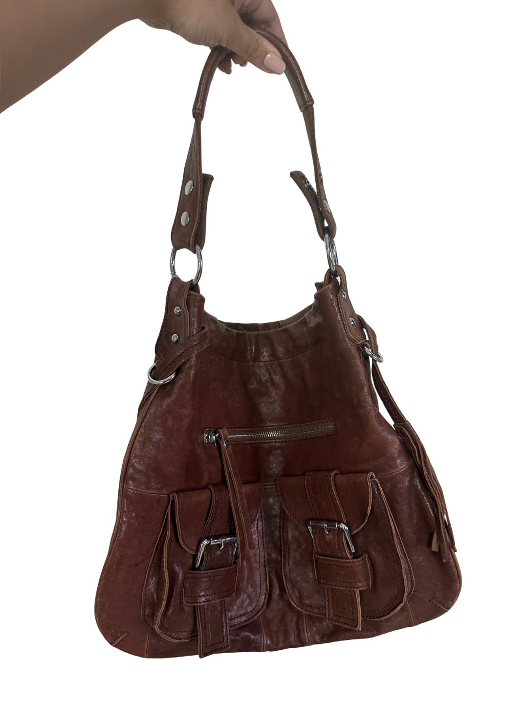 Vintage Genuine Leather Shoulder Bag with Front Buckle Pockets and Side Tassels