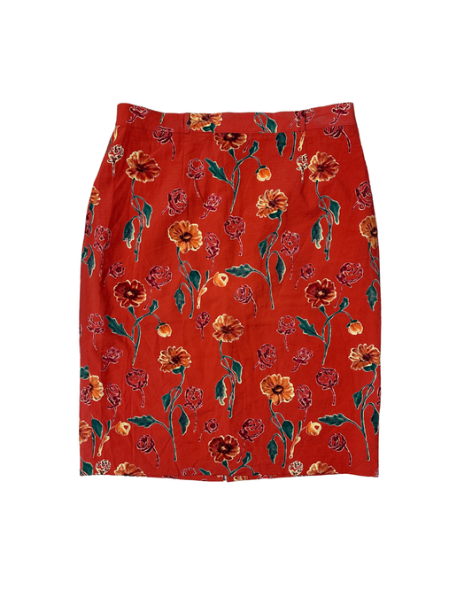 Vintage Rust Red Floral Midi Skirt – Size EU 46