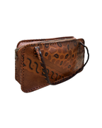 Vintage 70s Whipstitch Embossed Brown Genuine Leather Handbag