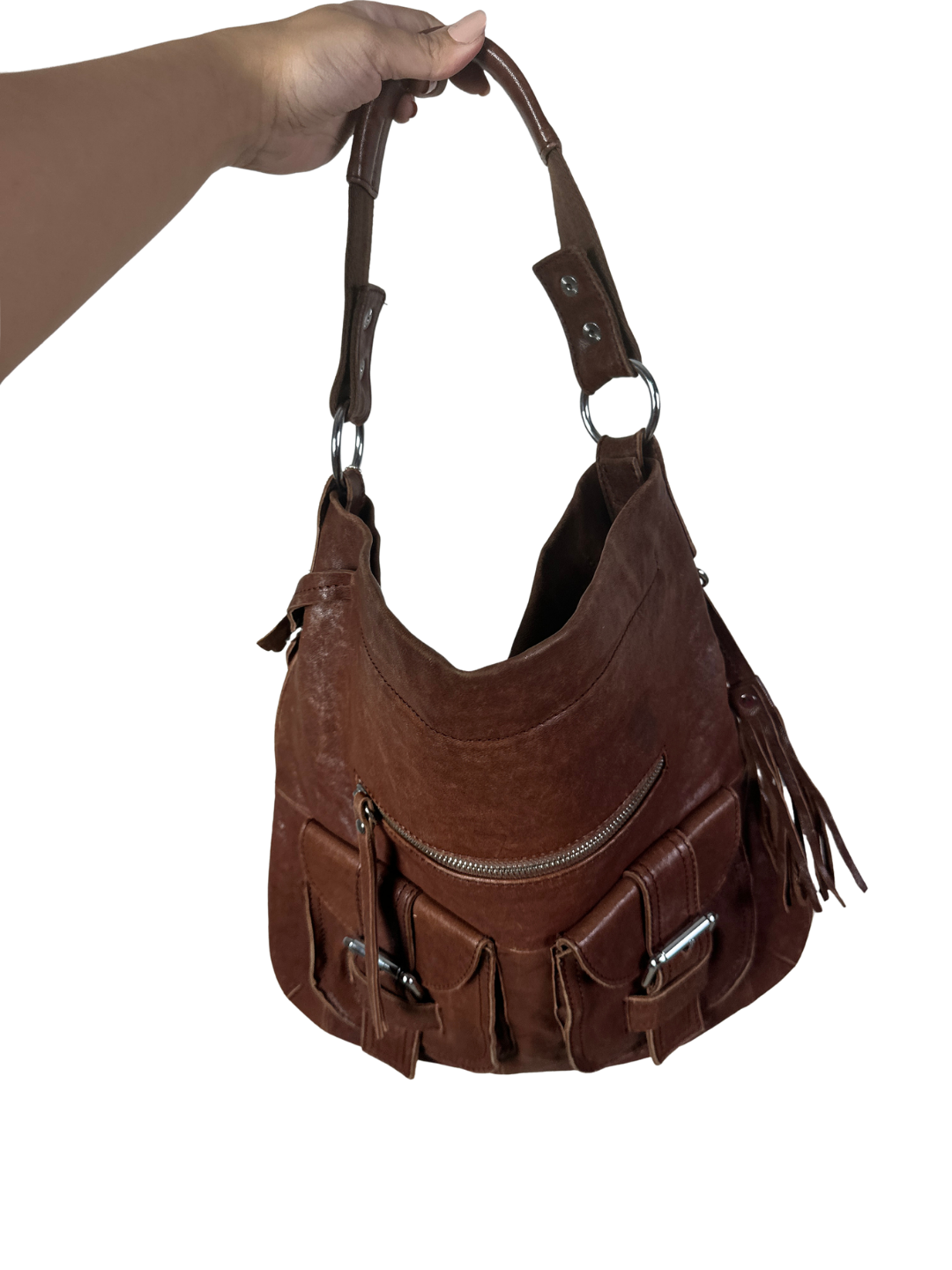 Vintage Genuine Leather Shoulder Bag with Front Buckle Pockets and Side Tassels