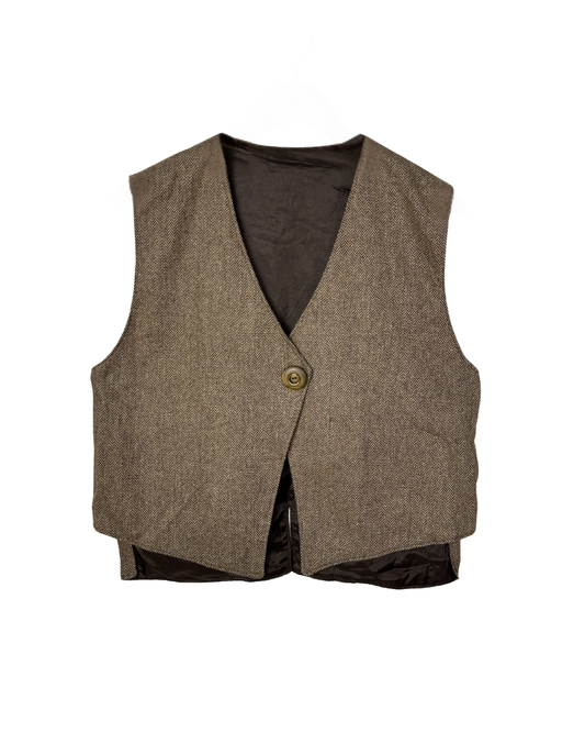 Vintage Brown Herringbone Wool-Blend Vest - Women's Large