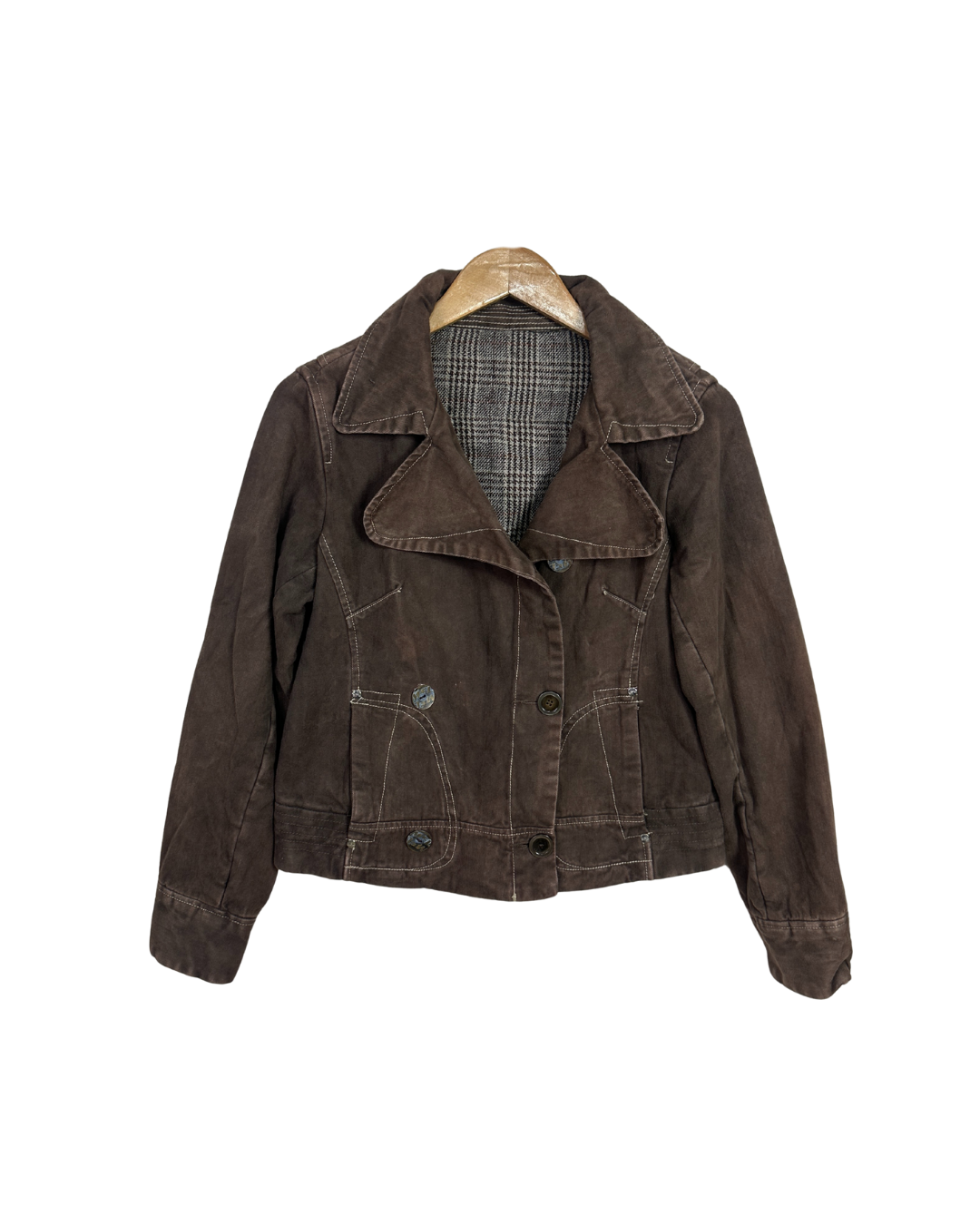 Vintage Brown Denim Jacket with Plaid Lining - Women's Large