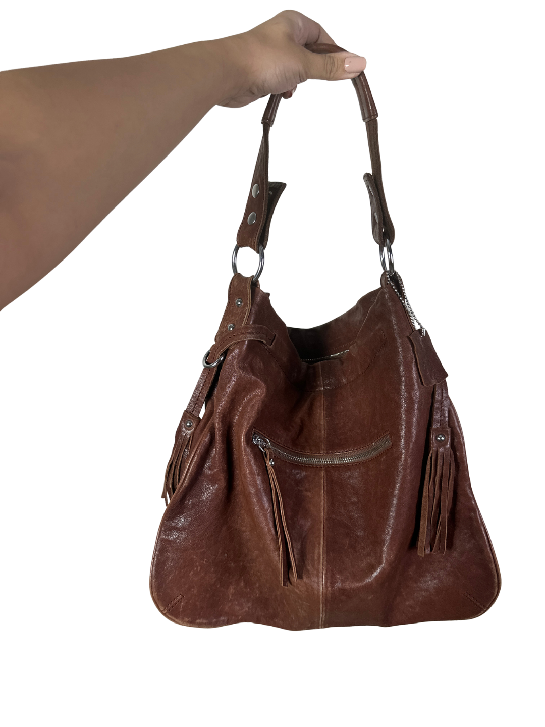 Vintage Genuine Leather Shoulder Bag with Front Buckle Pockets and Side Tassels