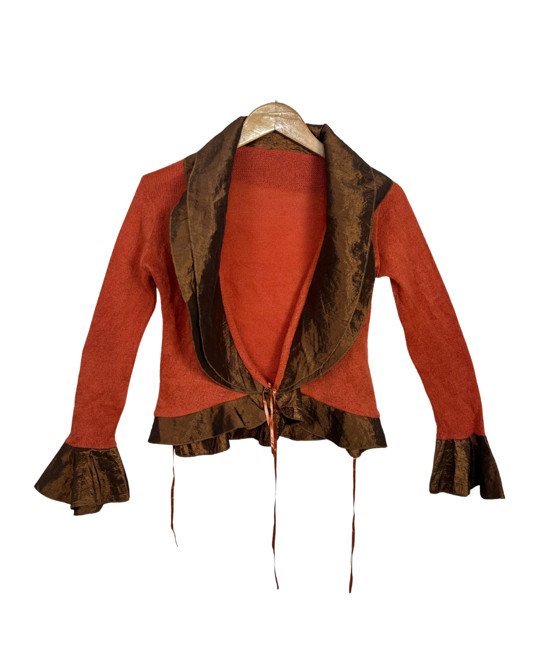 Vintage Rust Knit Tie-Front Cardigan with Satin Trim