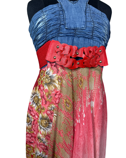 00s Y2K Halter Maxi Dress with Denim Bodice & Red Leather Belt Detail