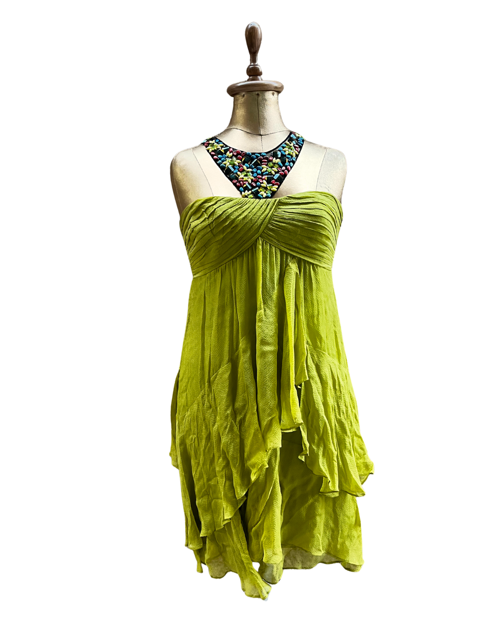 BCBG Maxazria Y2K Beaded Halter Layered Silk Dress