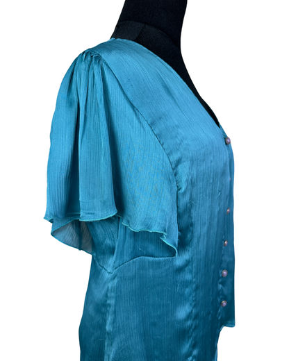 Le Mirage Teal Satin Button Up Blouse