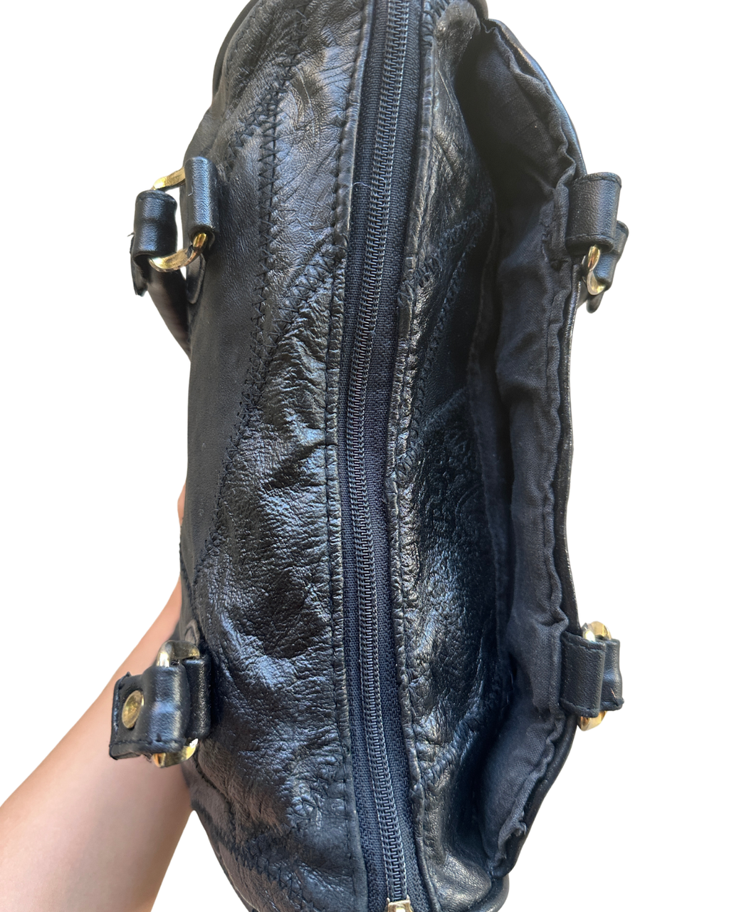 Genuine Leather Stitch Detail Mixed Pattern Handbag