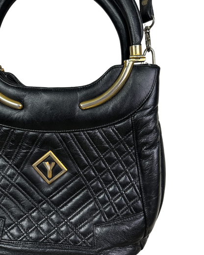 Vintage Black Quilted Leather Satchel with Gold Accents