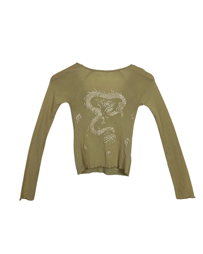 Y2K Beige Ribbed Dragon Top - Small
