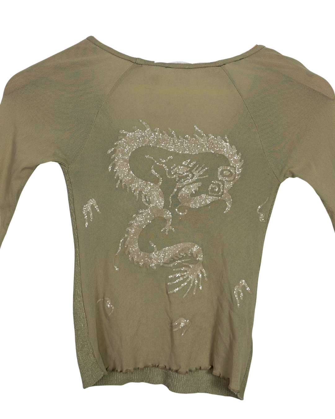 Y2K Beige Ribbed Dragon Top - Small