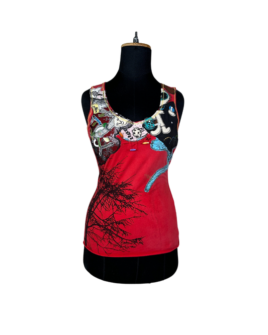 Y2K Duo Duo Artistic Tank with Lace & Beaded Patchwork Details  Small