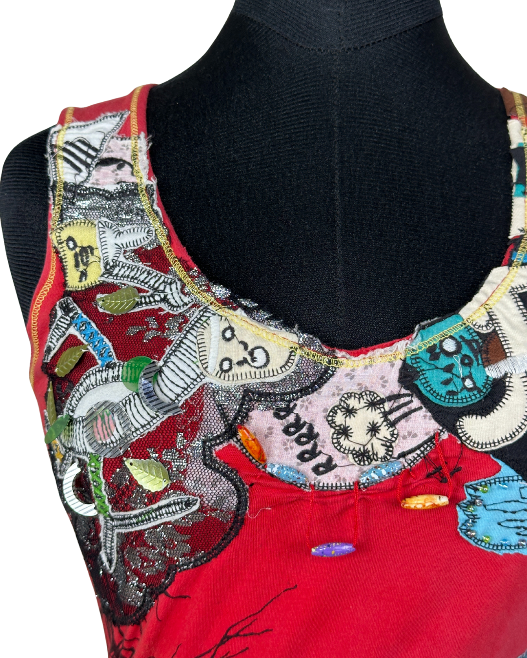 Y2K Duo Duo Artistic Tank with Lace & Beaded Patchwork Details  Small