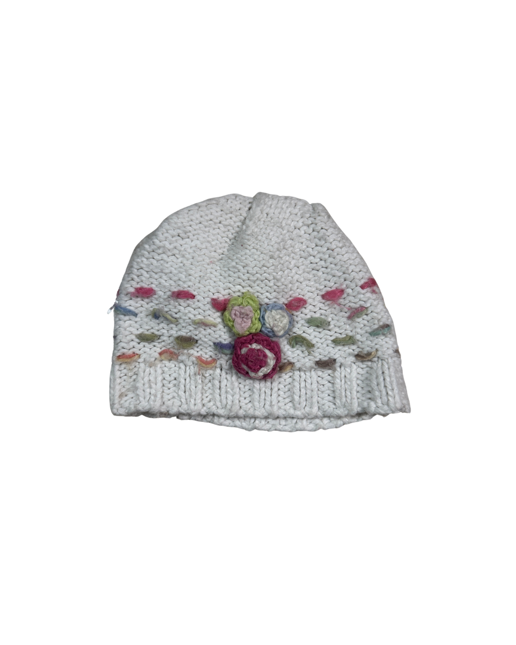 White Chunky Knit Floral Beanie