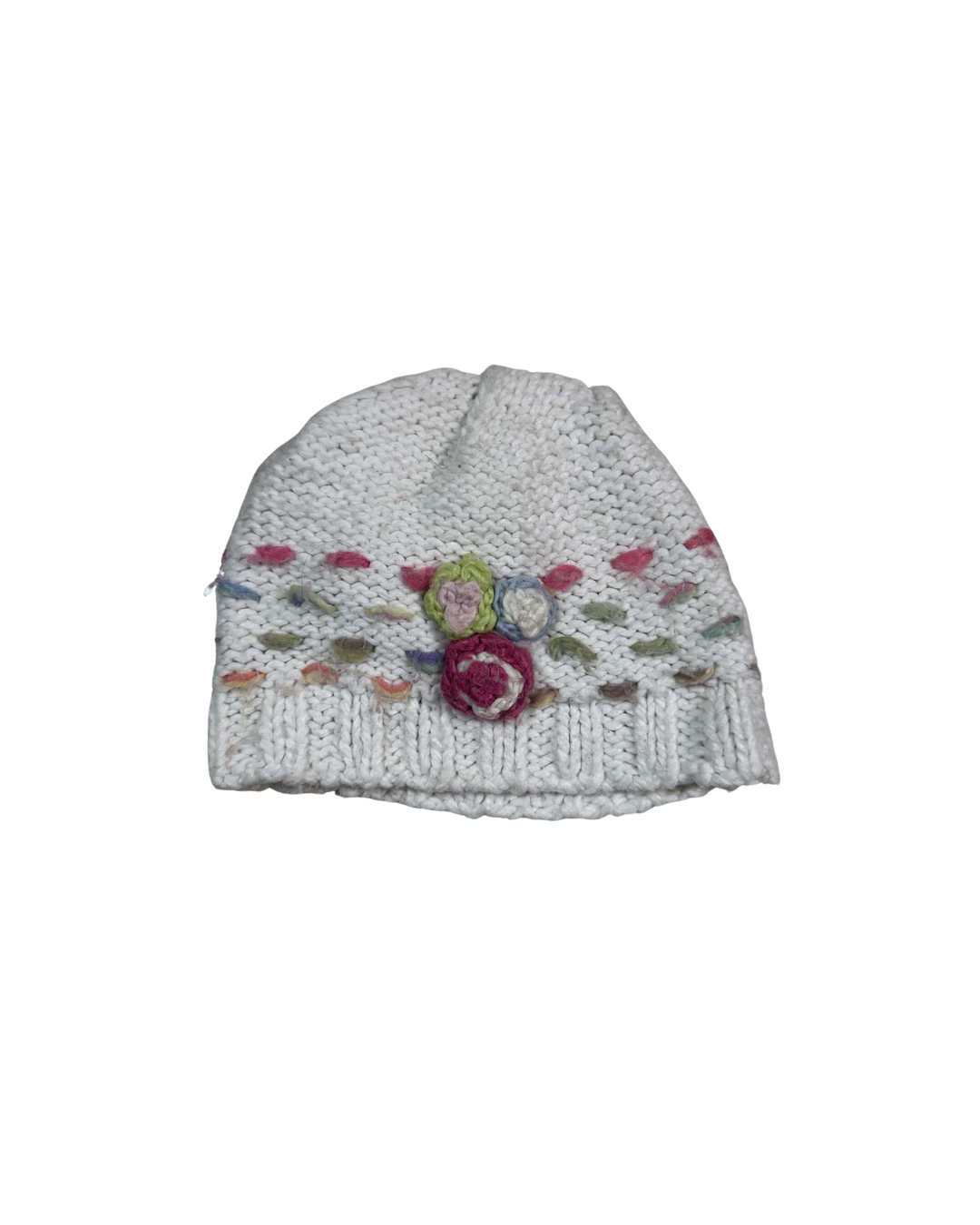 White Chunky Knit Floral Beanie