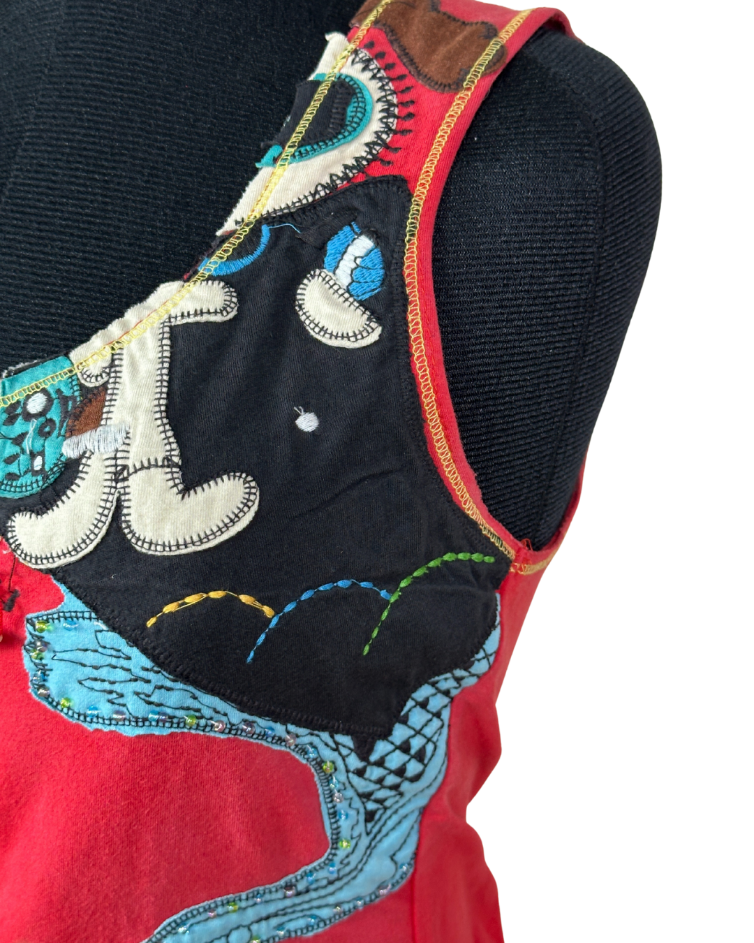 Y2K Duo Duo Artistic Tank with Lace & Beaded Patchwork Details  Small