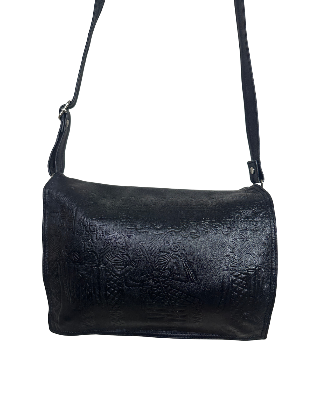 Genuine Leather Embossed Egyptian Motif Black Crossbody Bag