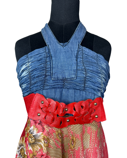 00s Y2K Halter Maxi Dress with Denim Bodice & Red Leather Belt Detail