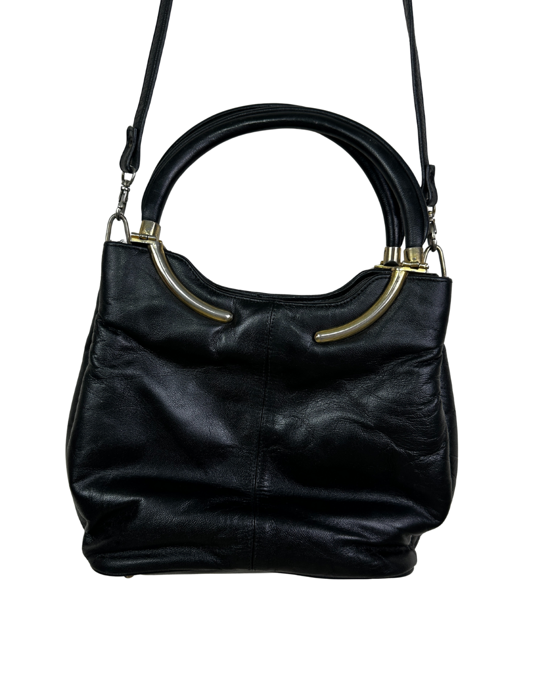 Vintage Black Quilted Leather Satchel with Gold Accents