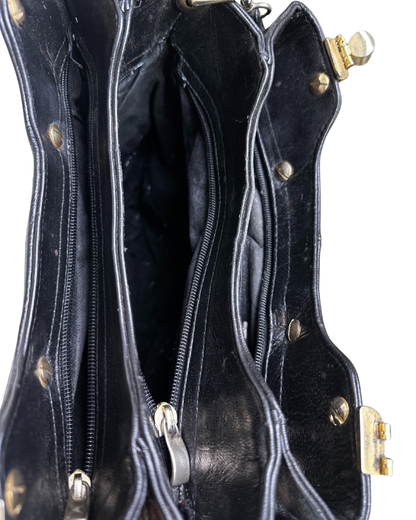 Vintage Black Quilted Leather Satchel with Gold Accents