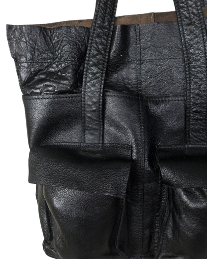 MNG Accessories Black Genuine Leather Tote Bag with Front Pockets